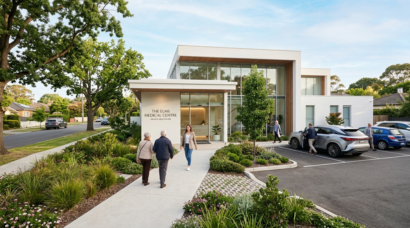 Modern private medical centre with welcoming entrance and landscaped gardens — local SEO for medical practices by Kozan