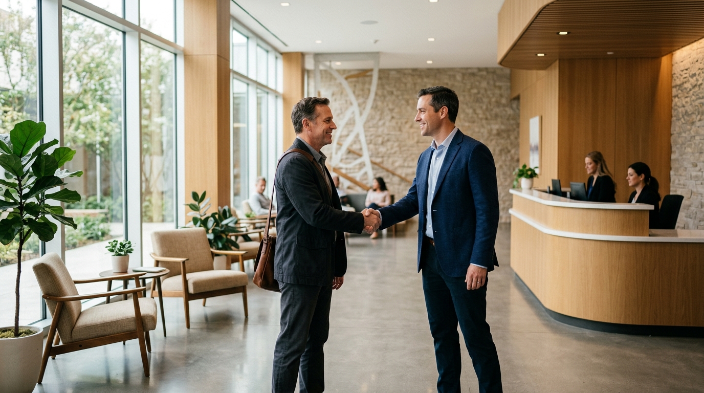 Doctor welcoming a new patient at a clinic — how to rank your clinic higher in Google Maps by Kozan